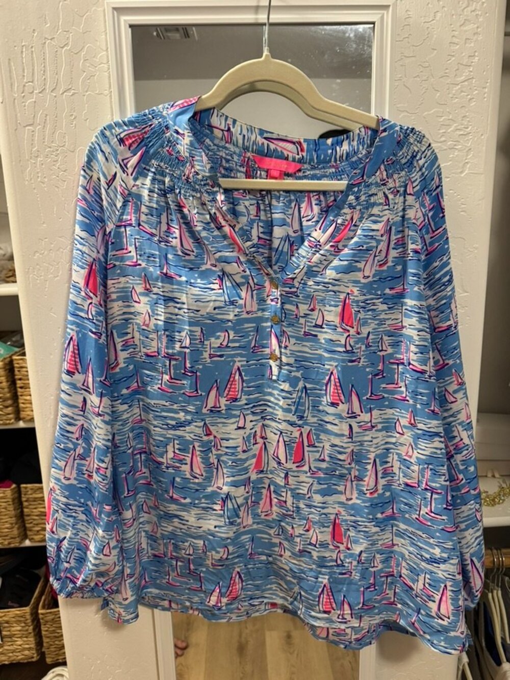 Lilly Pulitzer Elsa Silk Top A Lil Nauti Sailboat Print Blue Size L